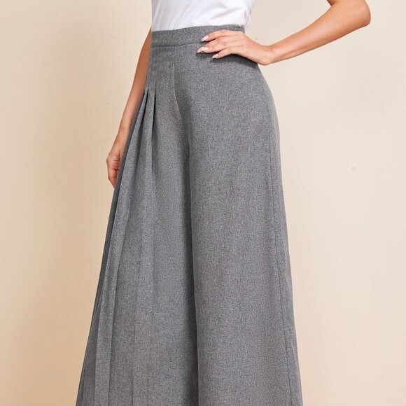 Grey Casual Womens Fold Pleated Detail Wide Leg Pants - Picture 3 of 5